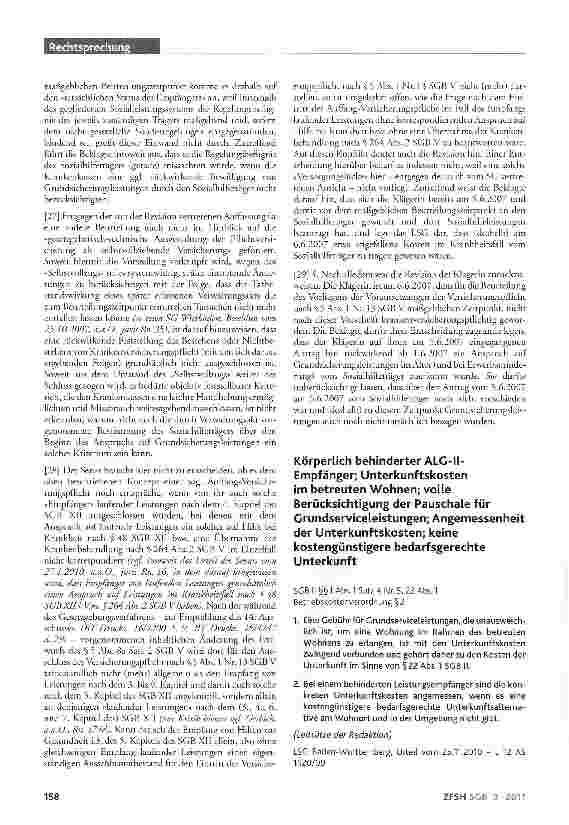 Vorschauseite 1: Körperlich behinderter ALG-II-Empfänger; Unterkunftskosten im betreuten Wohnen; volle Berücksichtigung der Pauschale für Grundserviceleistungen; Angemessenheit der Unterkunftskost…