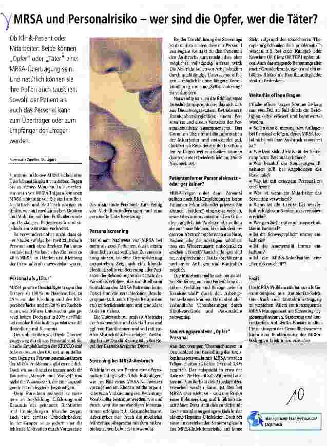 Vorschauseite 1: MRSA und Personalrisiko - wer sind die Opfer, wer die Täter?