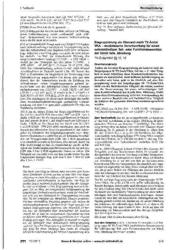 Vorschauseite 1: Eingruppierung als Oberarzt nach TV-Ärzte/ VKA - medizinische Verantwortung für einen selbstständigen Teiloder Funktionsbereich(e) der Klinik bzw. AbteilungTV-Ärzte/VKA§§15, 16