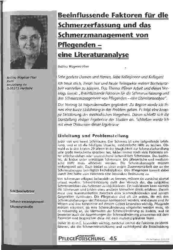Vorschauseite 1: Beeinflussende Faktoren für die Schmerzerfassung und das Schmerzmanagement von Pflegenden Eine Literaturanalyse