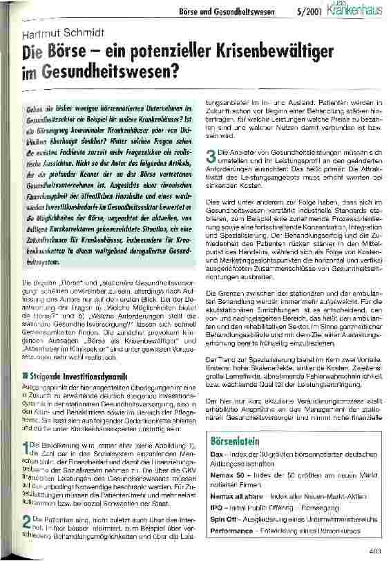 Vorschauseite 1: Die Börse - ein potenzieller Krisenbewältiger im Gesundheitswesen?