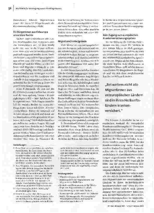 Vorschauseite 2: Legal, aber nicht versichertMedizinische Versorgung von neuen EU-Bürgerlnnen