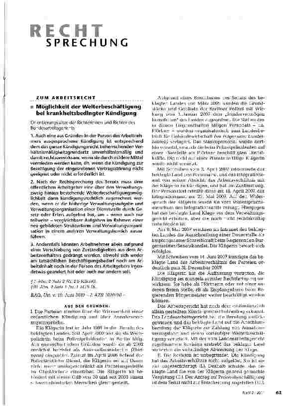 Vorschauseite 1: Möglichkeit der Weiterbeschäftigung bei krankheitsbedingter KündigungOrientierungssätze der Richterinnen und Richter des Bundesarbeitsgerichts