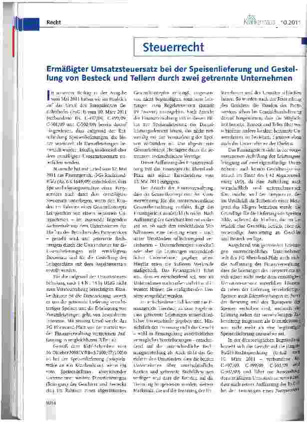 Vorschauseite 1: Ermäßigter Umsatzsteuersatz bei der Speisenlieferung und Gestellung von Besteck und Tellern durch zwei getrennte Unternehmen