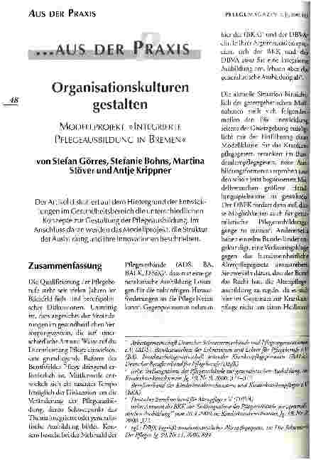 Vorschauseite 1: Organisationskulturen gestalten Modellprojekt Integrierte Pflegeausbildung in Bremen