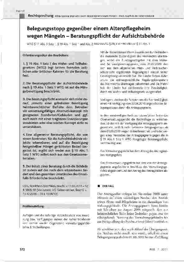 Vorschauseite 1: Belegungsstopp gegenüber einem Altenpflegeheim wegen Mängeln - Beratungspflicht der Aufsichtsbehörde