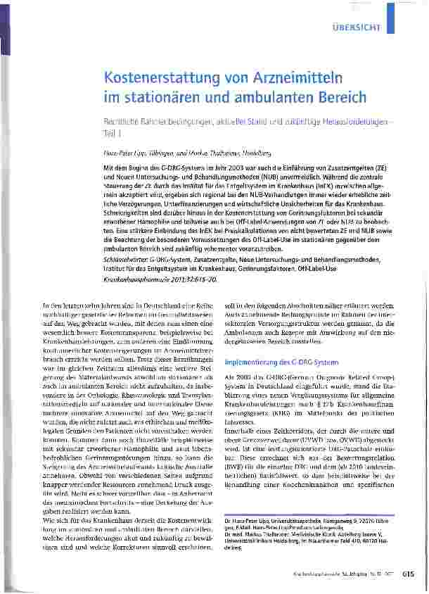 Vorschauseite 1: Kostenerstattung von Arzneimitteln im stationären und ambulanten Bereich