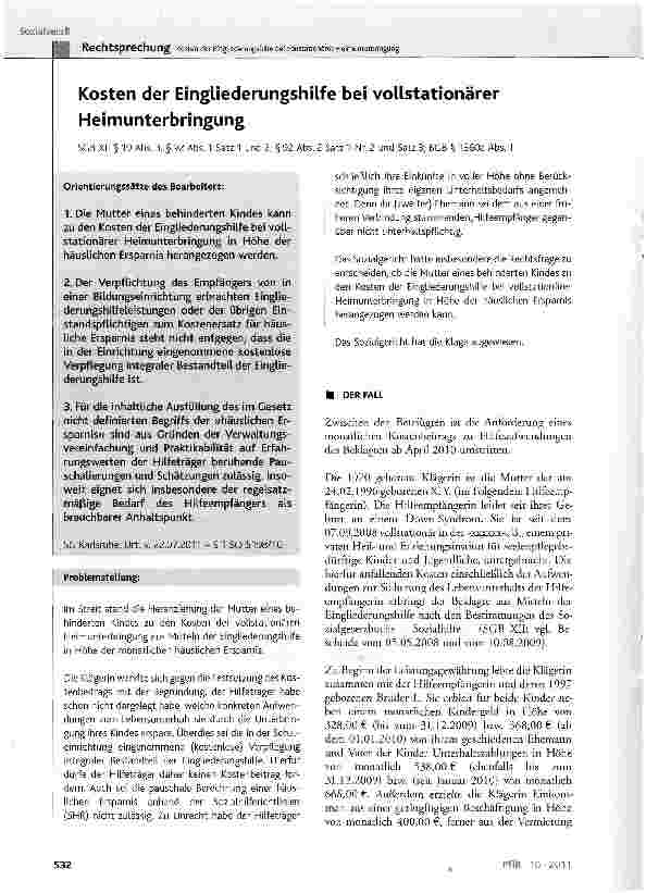 Vorschauseite 1: Kosten der Eingliederungshilfe bei vollstationärer HeimunterbringungSCB XII § 19 Abs. 3, § 92 Abs. 1 Satz 1 und 2, § 92 Abs. 2 Satz 1 Nr. 2 und Satz 3; BGB § 1360a Abs. 1