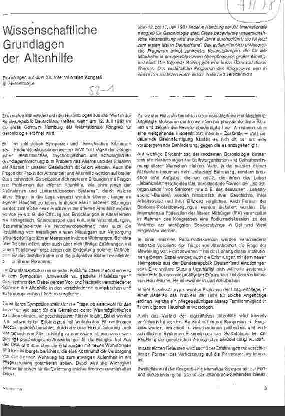 Vorschauseite 1: Wissenschaftliche Grundlagen der Altenhilfe / Praxisfragen auf dem 12. Internationalen Kongreß für Gerontologie