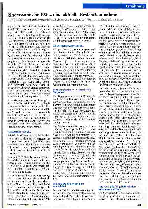 Vorschauseite 1: Rinderwahnsinn BSE - eine aktuelle Bastandsaufnahme