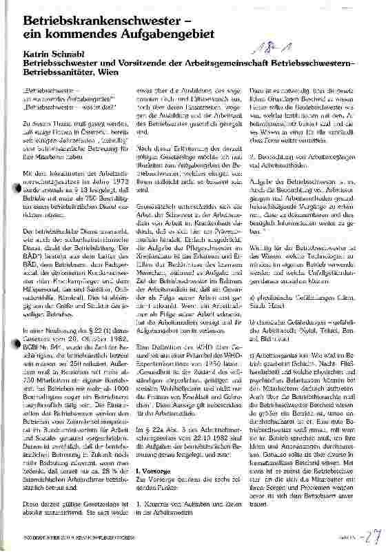 Vorschauseite 1: Betriebskrankenschwester - ein kommendes Aufgabengebiet