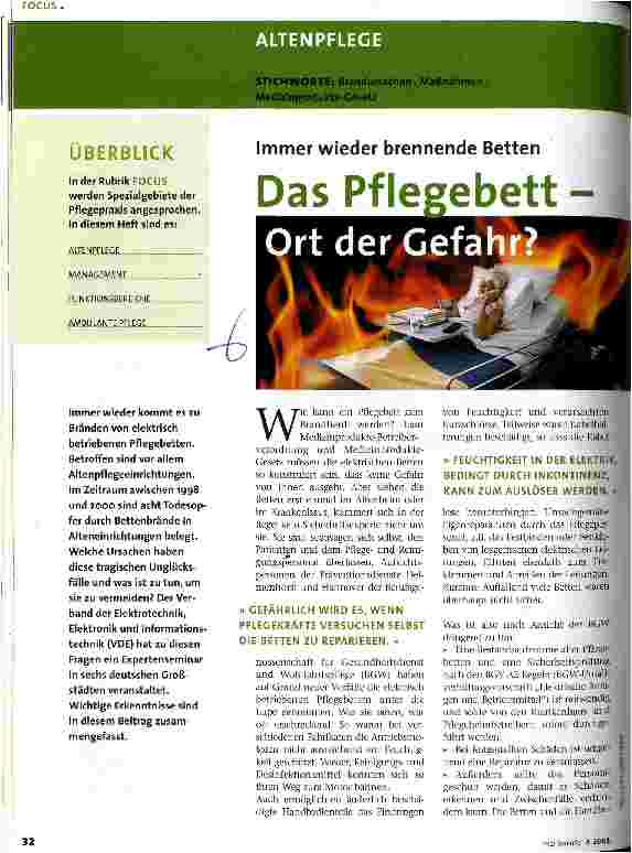 Vorschauseite 1: Das Pflegebett - Ort der Gefahr? Immer wieder brennen Betten