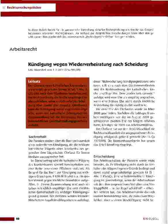Vorschauseite 1: Kündigung wegen Wiederverheiratung nach ScheidungLAG Düsseldorf vom 1.7.2010 (5 Sa 996/09)