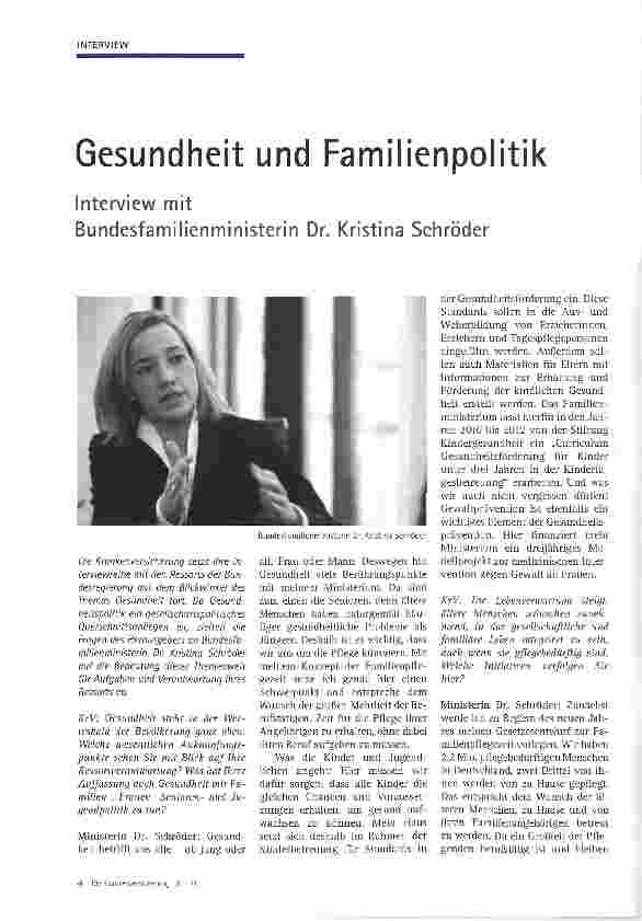 Vorschauseite 1: Gesundheit und FamilienpolitikInterview mit Bundesfamilienministerin Dr. Kristina Schröder