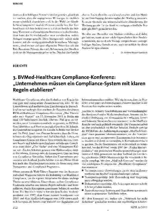 Vorschauseite 1: 3. BVMed-Healthcare Compliance-Konferenz: „Unternehmen müssen ein Compliance-System mit klaren Regeln etablieren