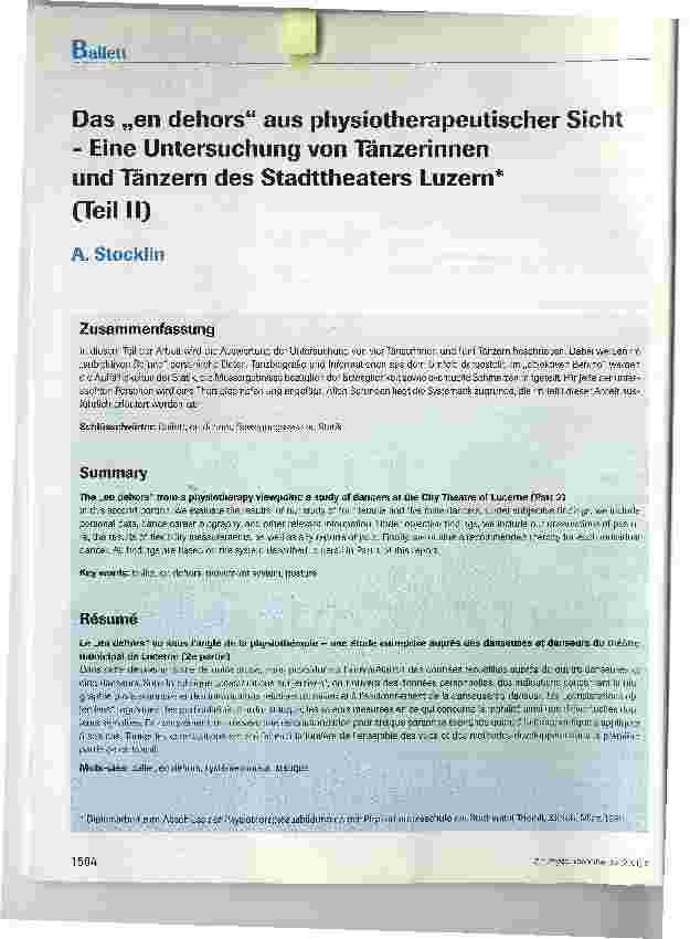 Vorschauseite 1: Das en dehors aus physiotherapeutischer Sicht - Eine Untersuchung von Tänzerinnen und Tänzern des Stadttheaters Luzern, (Teil II)