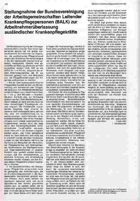 Vorschauseite 1: Stellungsnahme der Bundesvereinigung der Arbeitsgemeinschaft Leitender Krankenpflegepersonen z. Arbeitsüberlassung ausländischer Pflegekräfte