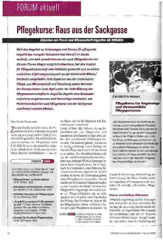 Vorschauseite 1: Pflegekurse: Raus aus der Sackgasse Experten aus Praxis und Wissenschaft ergreifen die Initiative