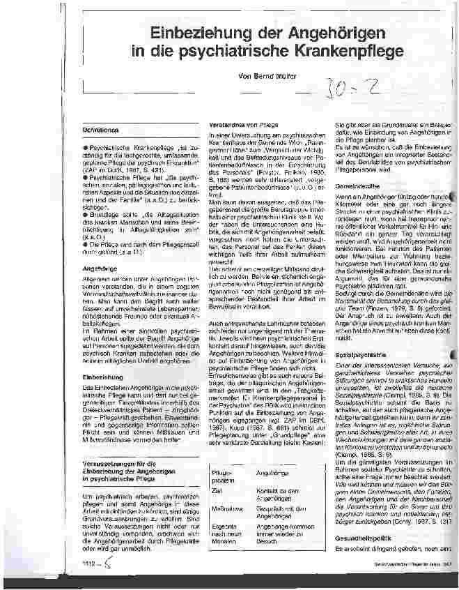 Vorschauseite 1: Einbeziehung der Angehörigen in die psychiatrische Krankenpflege