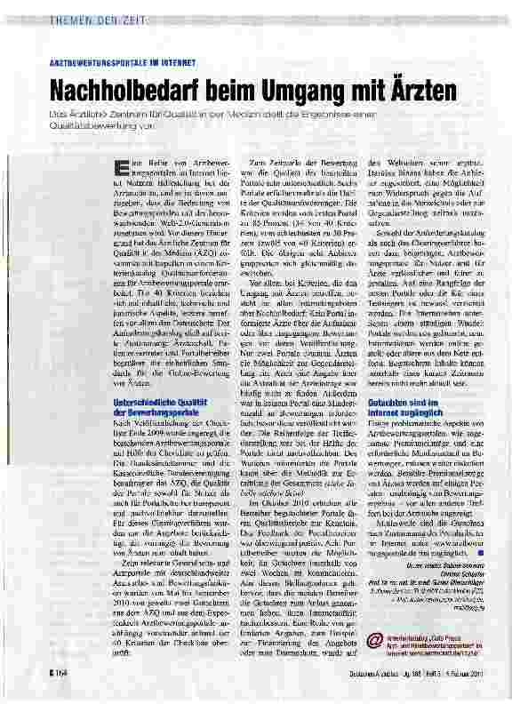 Vorschauseite 1: ARZTBEWERTUNGSPORTALE IM INTERNETNachholbedarf beim Umgang mit Ärzten
