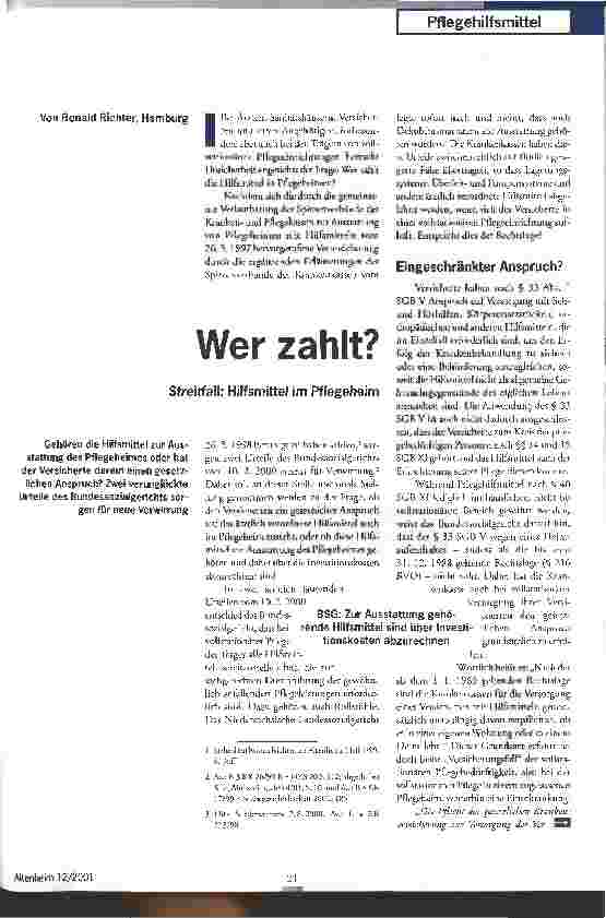 Vorschauseite 1: Wer zahlt? Steitfall: Hilfsmittel im Pflegeheim