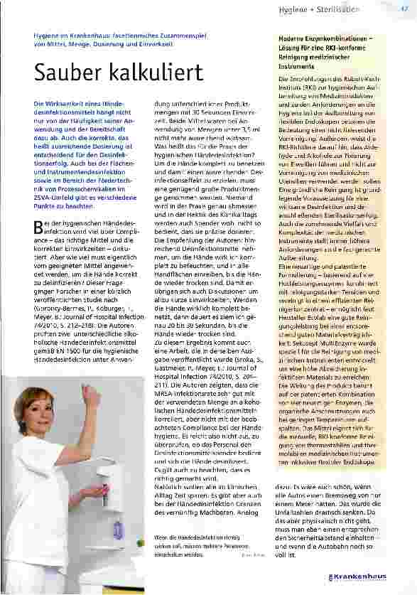 Vorschauseite 1: Hygiene im Krankenhaus: facettenreiches Zusammenspiel von Mittel, Menge, Dosierung und EinwirkzeitSauber kalkuliert