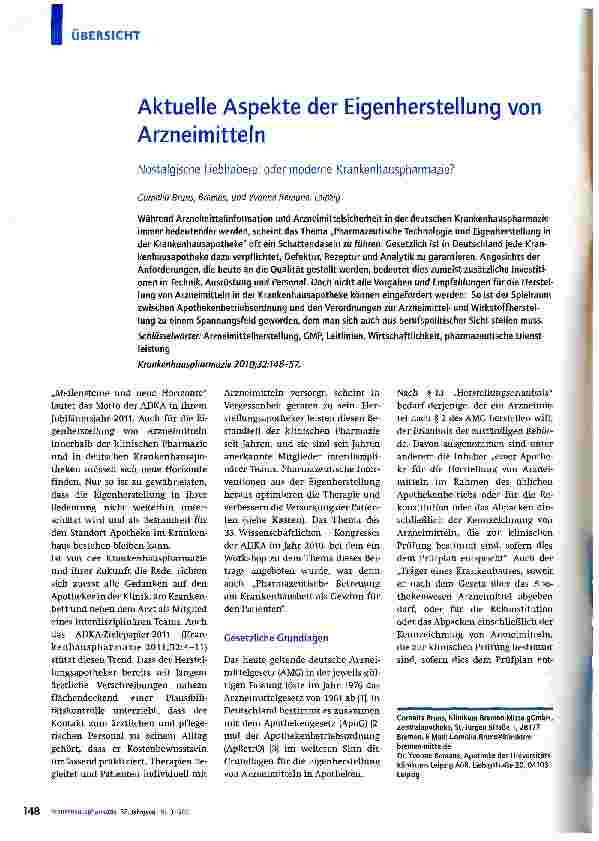 Vorschauseite 1: Aktuelle Aspekte der Eigenherstellung von ArzneimittelnNostalgische Liebhaberei oder moderne Krankenhauspharmazie?