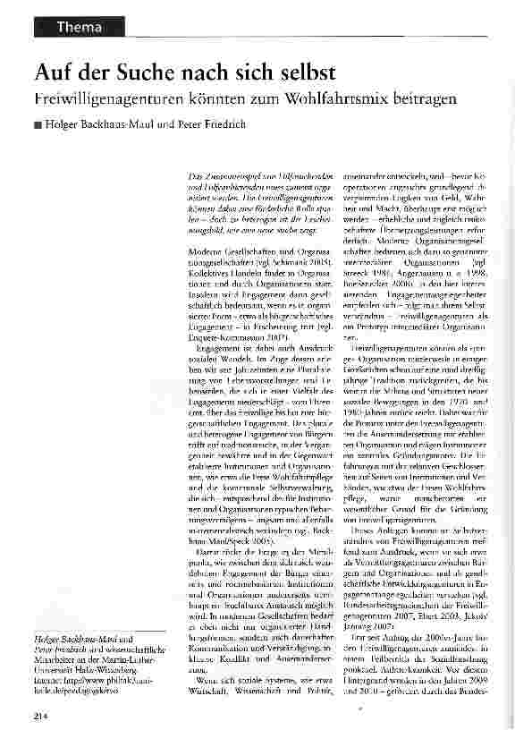 Vorschauseite 1: Auf der Suche nach sich selbst Freiwilligenagenturen könnten zum Wohlfahrtsmix beitragen