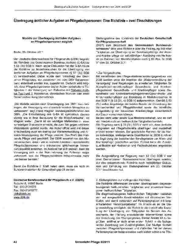 Vorschauseite 1: Übertragung ärztlicher Aufgaben an Pflegefachpersonen: Eine Richtlinie-zwei Einschätzungen