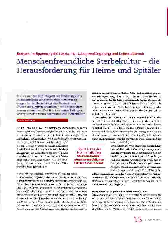 Vorschauseite 1: Menschenfreundliche Sterbekultur - die Herausforderung für Heime und Spitäler
