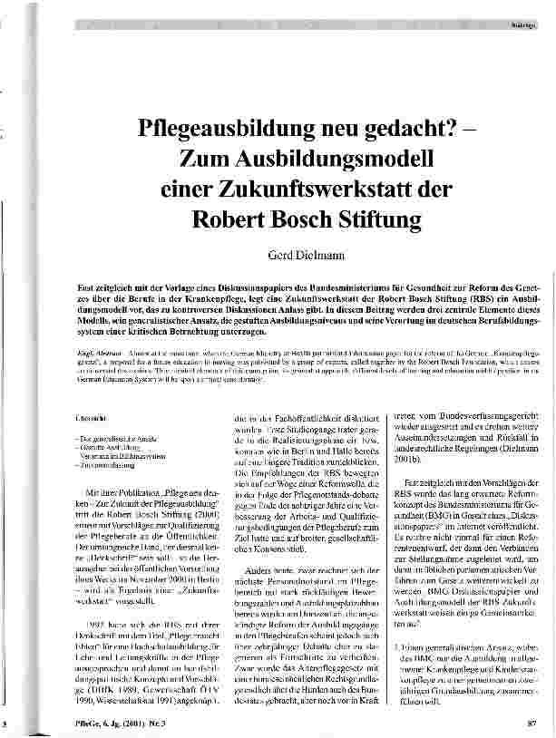 Vorschauseite 1: Pflegeausbildung neu gedacht? Zum Ausbildungsmodell einer Zukunftswerkstatt der Robert Bosch Stiftung