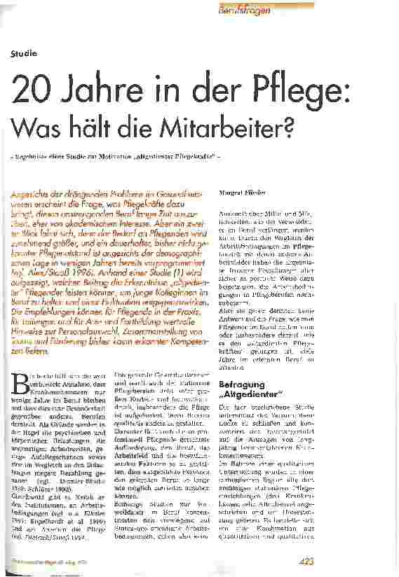 Vorschauseite 1: 20 Jahre in der Pflege: was hält die Mitarbeiter? Ergebnisse einer Studie zur Motivation altgediente Pflegekräfte
