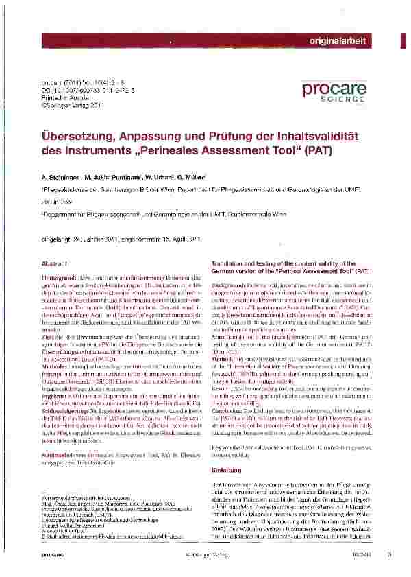 Vorschauseite 1: Übersetzung, Anpassung und Prüfung der Inhaltsvalidität des Instruments „Perineales Assessment Tool (PAT)