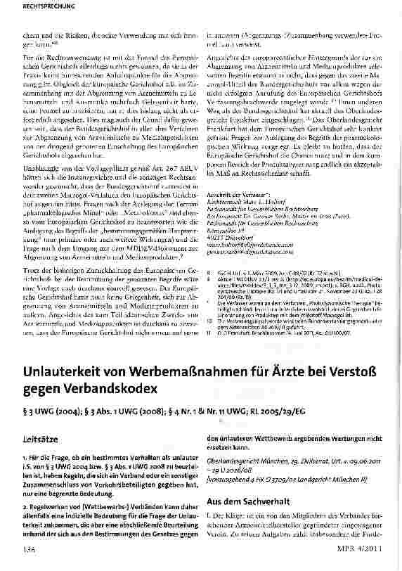 Vorschauseite 1: Unlauterkeit von Werbemaßnahmen für Ärzte bei Verstoß gegen Verbandskodex