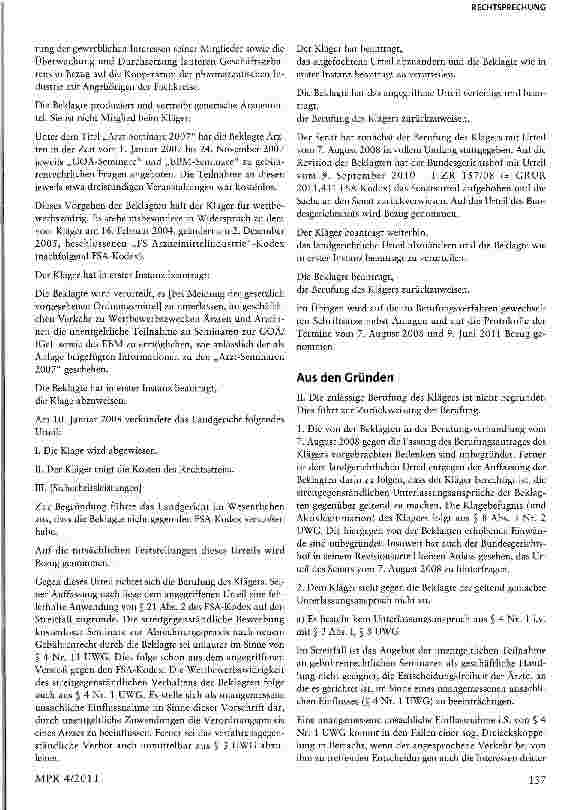 Vorschauseite 2: Unlauterkeit von Werbemaßnahmen für Ärzte bei Verstoß gegen Verbandskodex