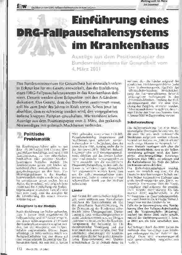 Vorschauseite 1: Einführung eines DRG-Fallpauschalensystems im KrankenhausAuszüge aus dem Positionspapier des Bundesministeriums für Gesundheit vom 4.März 2001