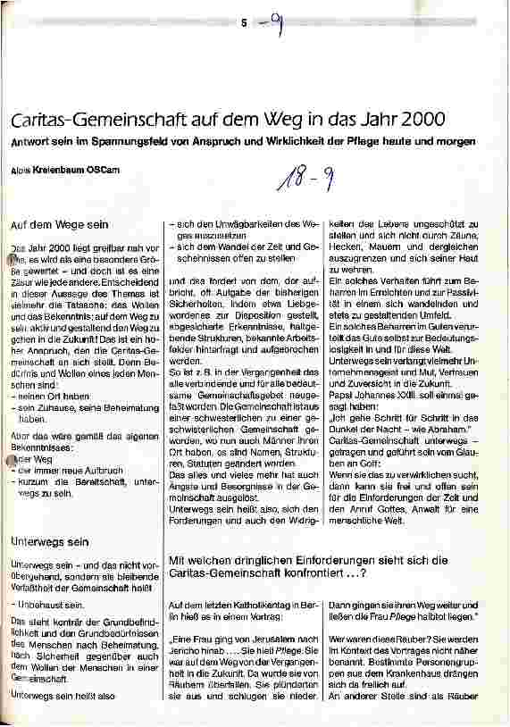 Vorschauseite 1: Caritas-Gemeinschaft auf dem Weg in das Jahr 2000 Antwort sein im Spannungsfeld von Anspruch und Wirklichkeit Pflege