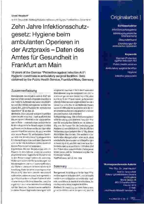 Vorschauseite 1: Zehn Jahre Infektionsschutzgesetz: Hygiene beim ambulanten Operieren in der Arztpraxis - Daten des Amtes für Gesundheit in Frankfurt am Main