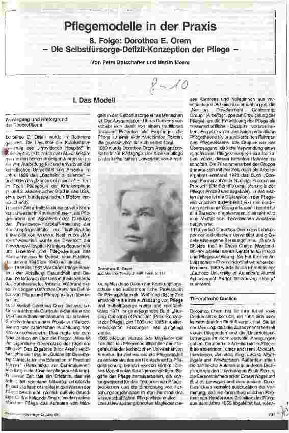 Vorschauseite 1: Pflegemodell in der Praxis - 8.Folge: Dorothea E. Orem Die Selbstfürsorge-Defizit-Konzeption der Pflege