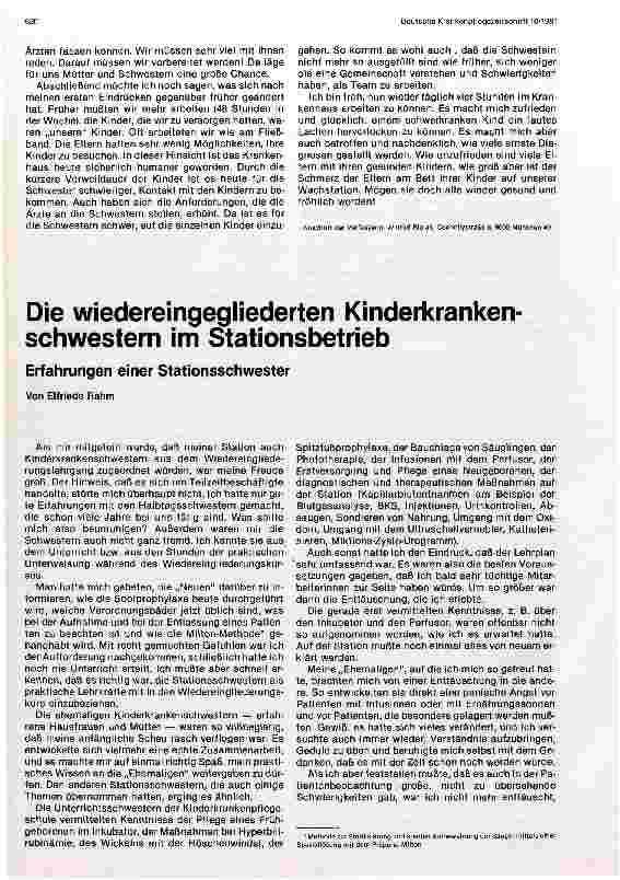 Vorschauseite 1: Die wiedereingegliederten Kinderkrankenschwestern im Stationsbetrieb Erfahrungen einer Stationsschwester