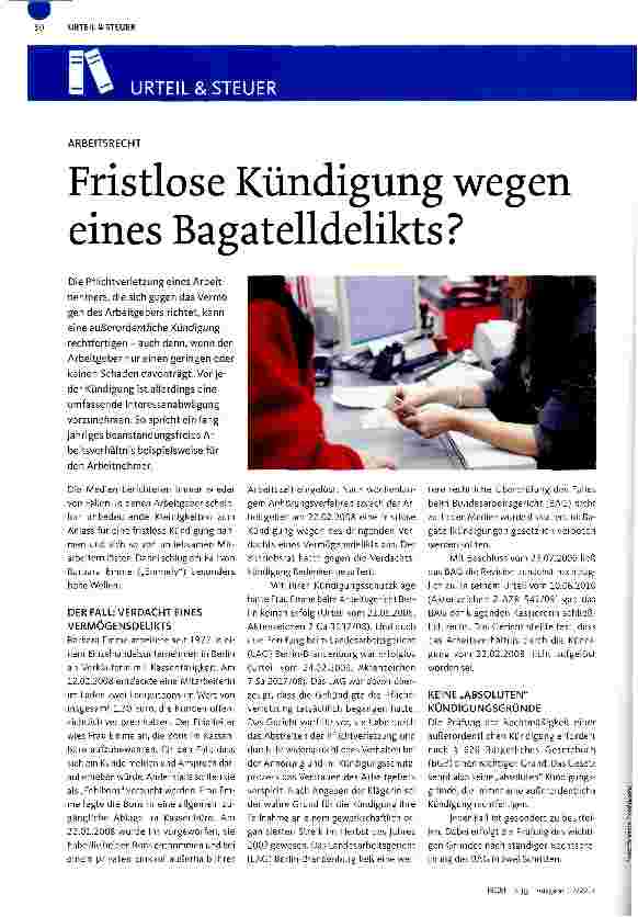 Vorschauseite 1: ARBEITSRECHTFristlose Kündigung wegen eines Bagatelldelikts?