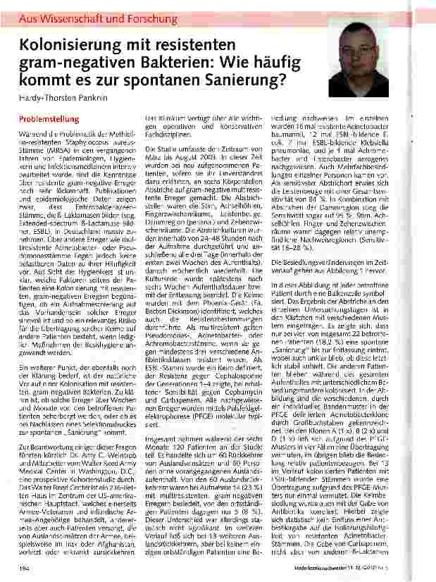 Vorschauseite 1: Kolonisierung mit resistenten gram-negativen Bakterien: Wie häufig kommt es zur spontanen Sanierung?