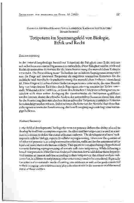 Vorschauseite 1: Totipotenz im Spannungsfeld von Biologie, Ethik und Recht