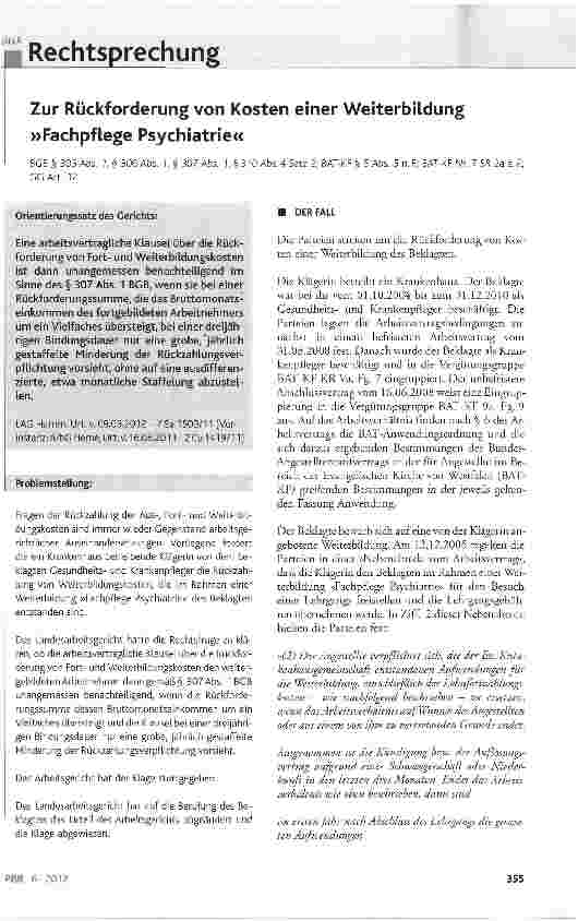 Vorschauseite 1: Zur Rückforderung von Kosten einer Weiterbildung »Fachpflege Psychiatrie«