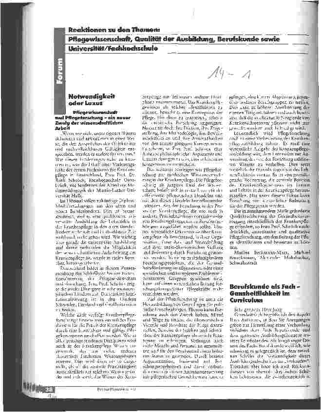 Vorschauseite 1: Reaktionen zu den Themen:Pflegewissenschaft,Qualität der Ausbildung, Berufskunde sowie Universität/Fachoberschule
