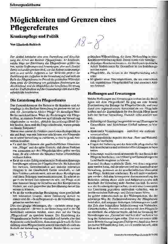 Vorschauseite 1: Möglichkeiten und Grenzen eines Pflegereferates Krankenpflege und Politik