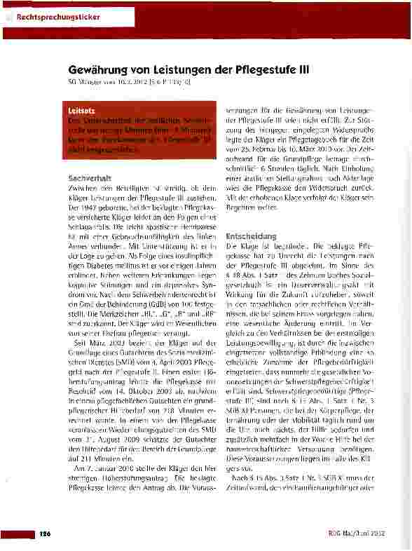Vorschauseite 1: Gewährung von Leistungen der Pflegestufe III SG Münster vom 10.2.2012