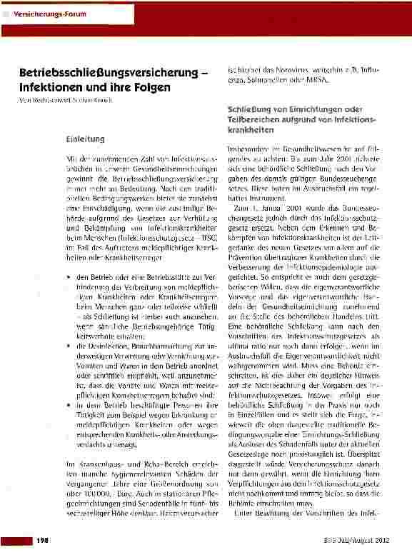 Vorschauseite 1: Betriebsschließungsversicherung -Infektionen und ihre Folgen