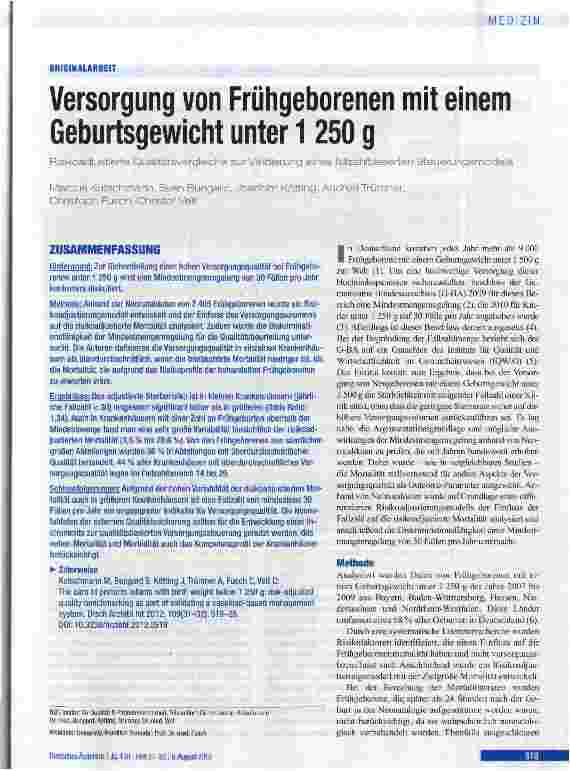 Vorschauseite 1: Versorgung von Frühgeborenen mit einem Geburtsgewicht unter 1250 g