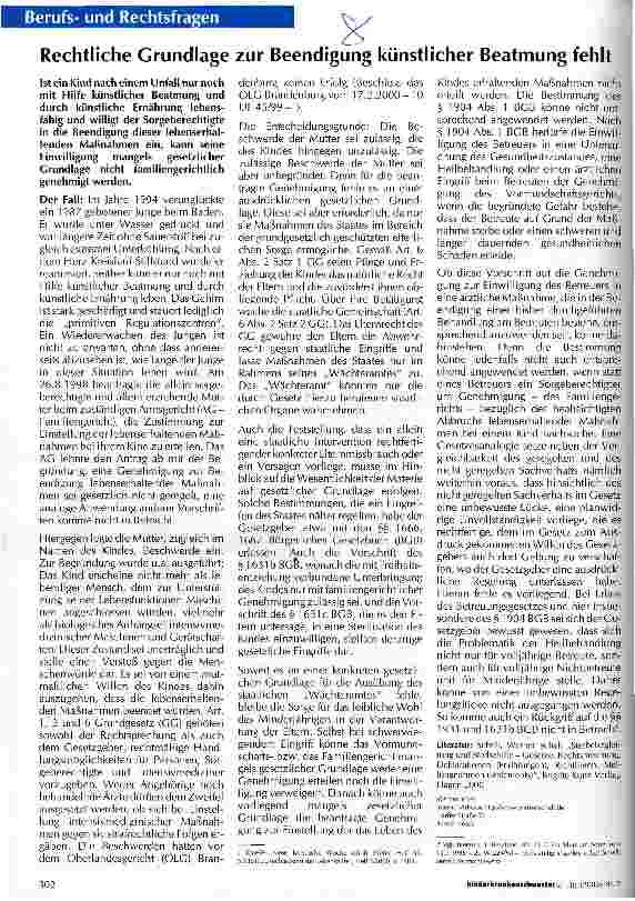 Vorschauseite 1: Rechtliche Grundlage zur Beendigung künstlicher Beatmung fehlt